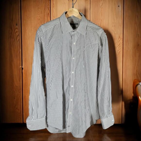 Johnston & Murphy Men's Large White & Gray Striped Tailored Fit Dress Shirt - Picture 1 of 10